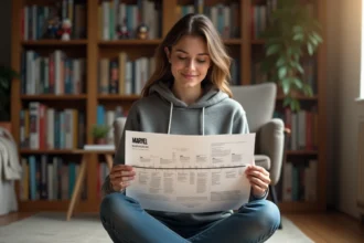 Jeune femme étudiant une frise chronologique des films Marvel étalée sur ses genoux dans un salon décoré de figurines et comics