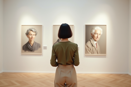 Femme d'âge moyen dans une galerie d'art observant des portraits abstraits