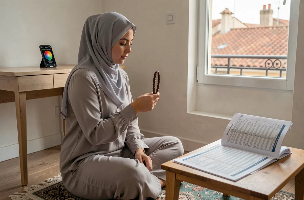 Jeune femme voilée consultant un horaire de prière et une boussole qibla dans sa chambre à Marseille