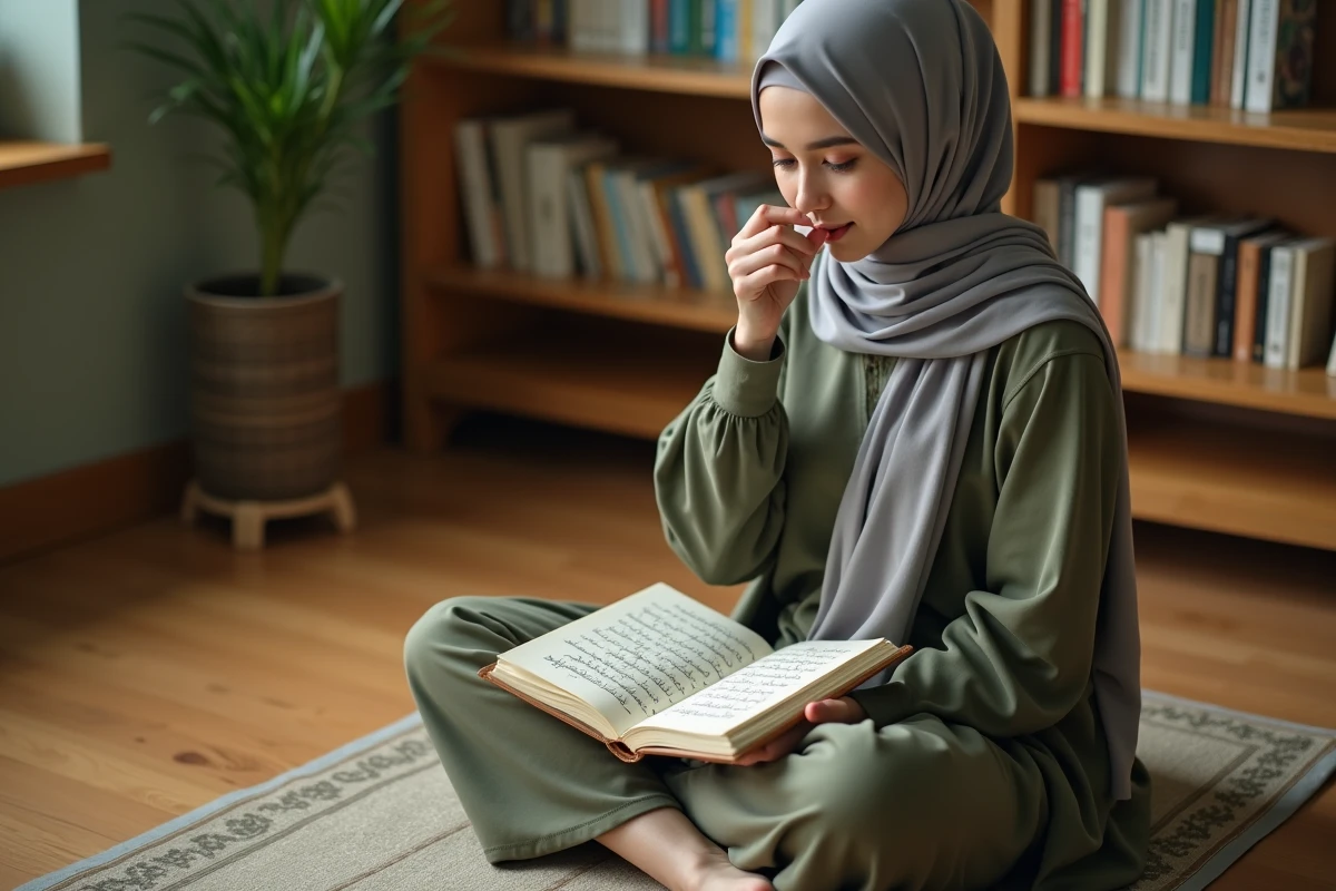 Jeune femme musulmane en hijab consultant ses notes manuscrites sur les étapes du wudu pour mémoriser l'ordre de la petite ablution