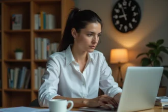 Femme étudiant la signification de 12 AM sur une horloge analogique et un affichage numérique à son bureau