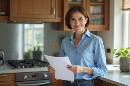 Femme d'âge moyen examinant des documents immobiliers dans une cuisine moderne