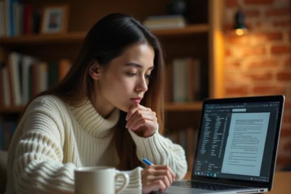 Jeune femme concentrée jouant à un jeu de mots type Sutom sur un ordinateur portable dans un bureau cosy à la maison