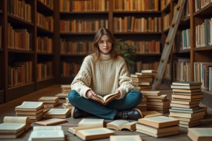 Jeune femme lisant un essai littéraire entourée de livres annotés dans une librairie indépendante en bois vintage