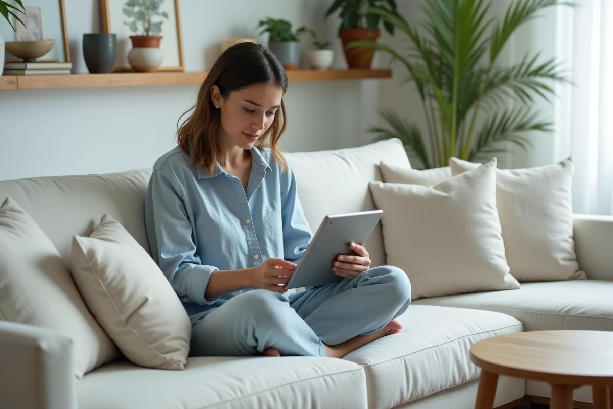 Femme lisant un webtoon sur tablette dans un salon moderne au style scandinave