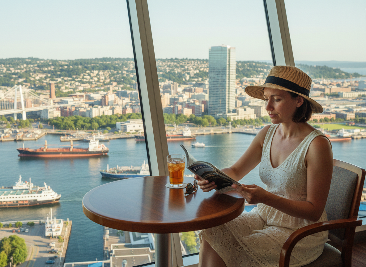 Jeune femme lisant un guide dans un lounge de croisière