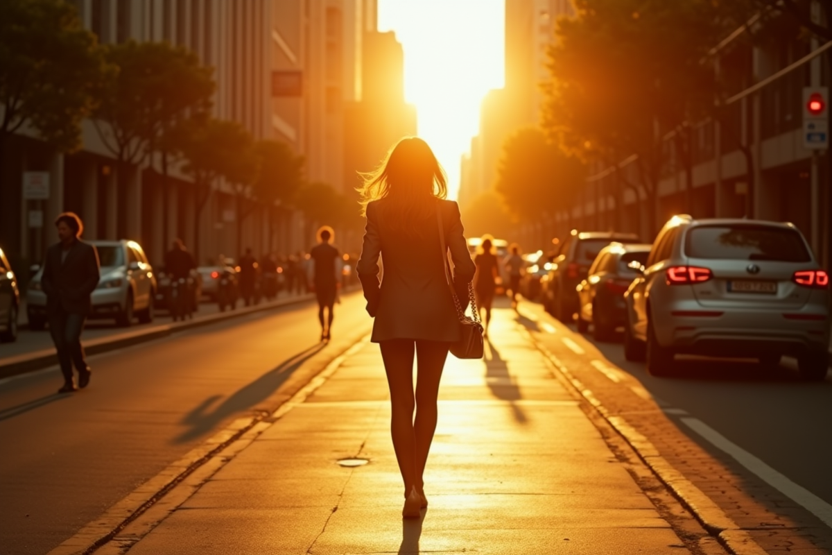 Femme seule marchant dans une rue urbaine en fin d