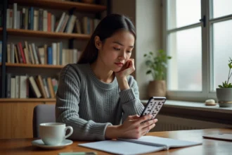 Femme concentrée résolvant un mot de passe CodyCross sur son smartphone dans un bureau cosy