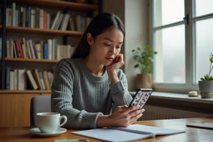 Femme concentrée résolvant un mot de passe CodyCross sur son smartphone dans un bureau cosy