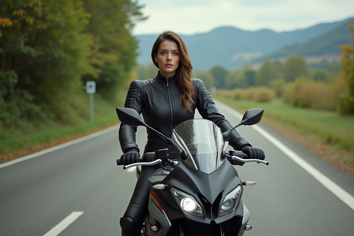 Femme en moto dans un paysage rural verdoyant