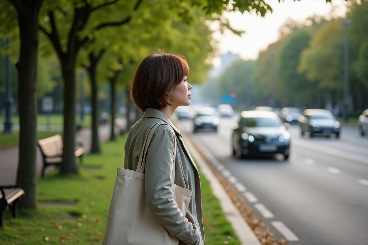 Femme regardant la circulation de voitures dans un parc urbain
