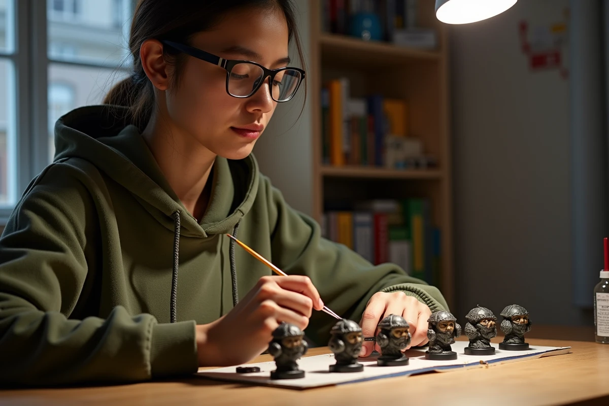Jeune femme peignant des figurines Warhammer Ork en série sur son bureau lors d'une soirée hobbyiste à domicile