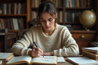 Femme jouant au jeu du pendu entourée de dictionnaires et de mots intraduisibles dans un bureau littéraire
