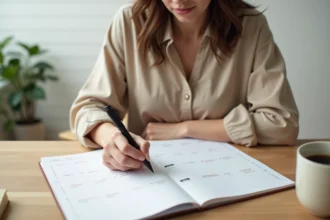 Femme écrivant dans un planning mensuel 2026 imprimé posé sur un bureau en bois