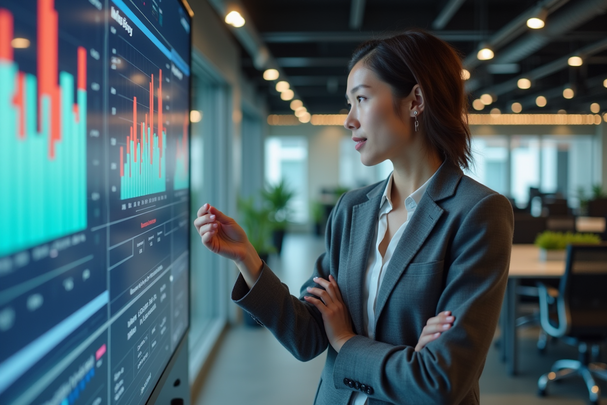 Jeune femme en business casual explique des graphiques d