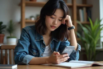 Jeune femme pensante regardant son smartphone à 21h21