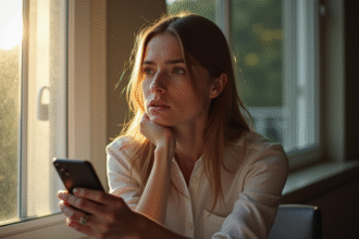 Jeune femme française pensant près d'une fenêtre ensoleillée