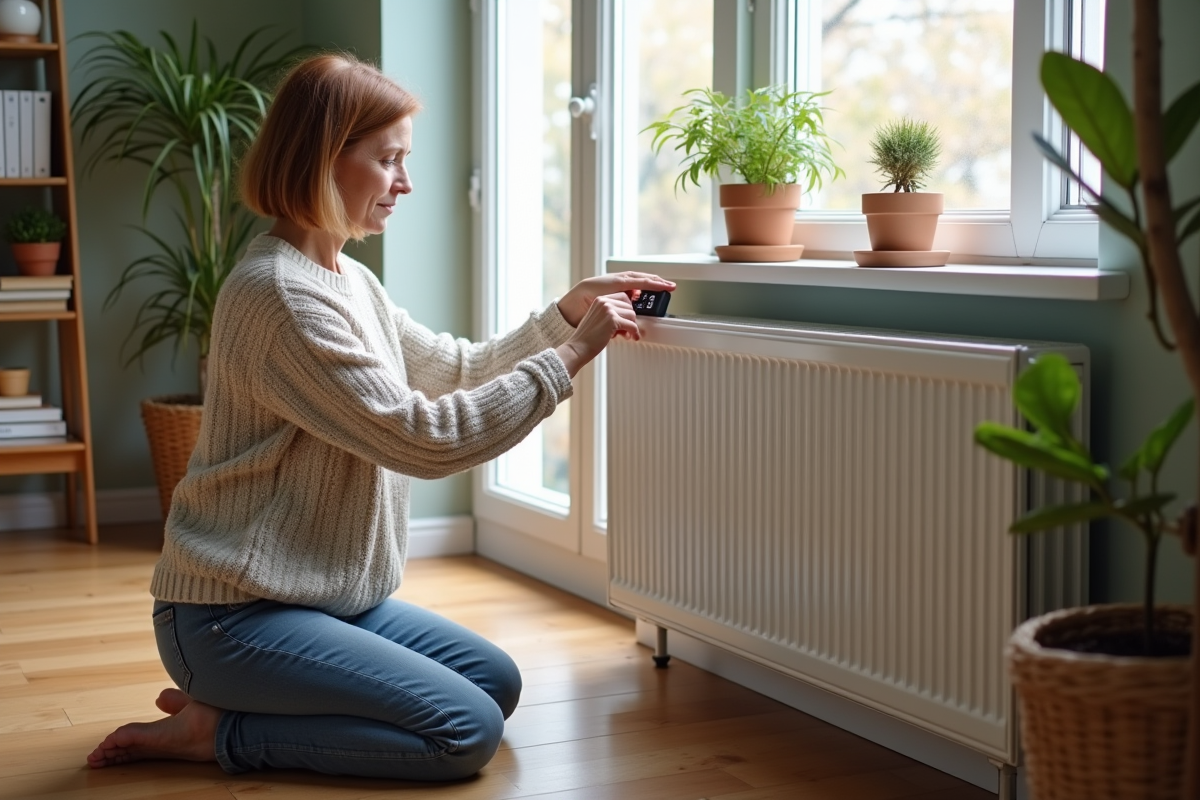 Femme ajustant un radiateur inertia dans un salon lumineux