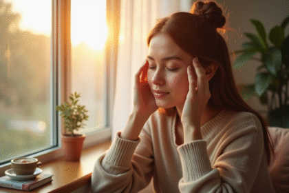 Jeune femme se relaxant près d'une fenêtre ensoleillée