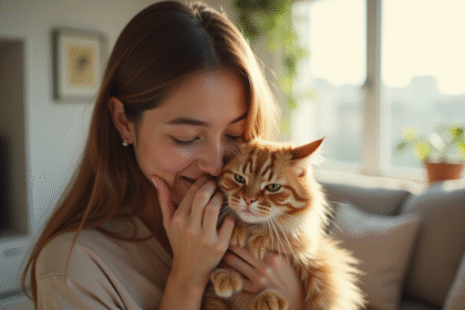 Jeune femme éternuant avec un chat dans un salon lumineux