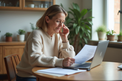 Femme d'âge moyen en intérieur consulte des documents à la maison