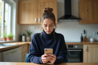 Femme assise à la cuisine avec smartphone en main