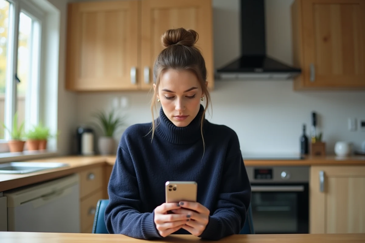 Femme assise à la cuisine avec smartphone en main