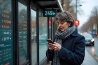 Femme d'âge moyen vérifiant son smartphone à un arrêt de bus