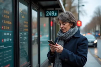 Femme d'âge moyen vérifiant son smartphone à un arrêt de bus