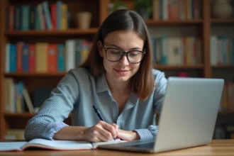 Jeune femme concentrée utilisant Cemantix dans son bureau