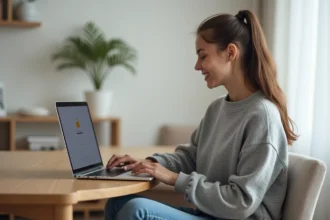 Jeune femme concentrée sur son ordinateur à la maison