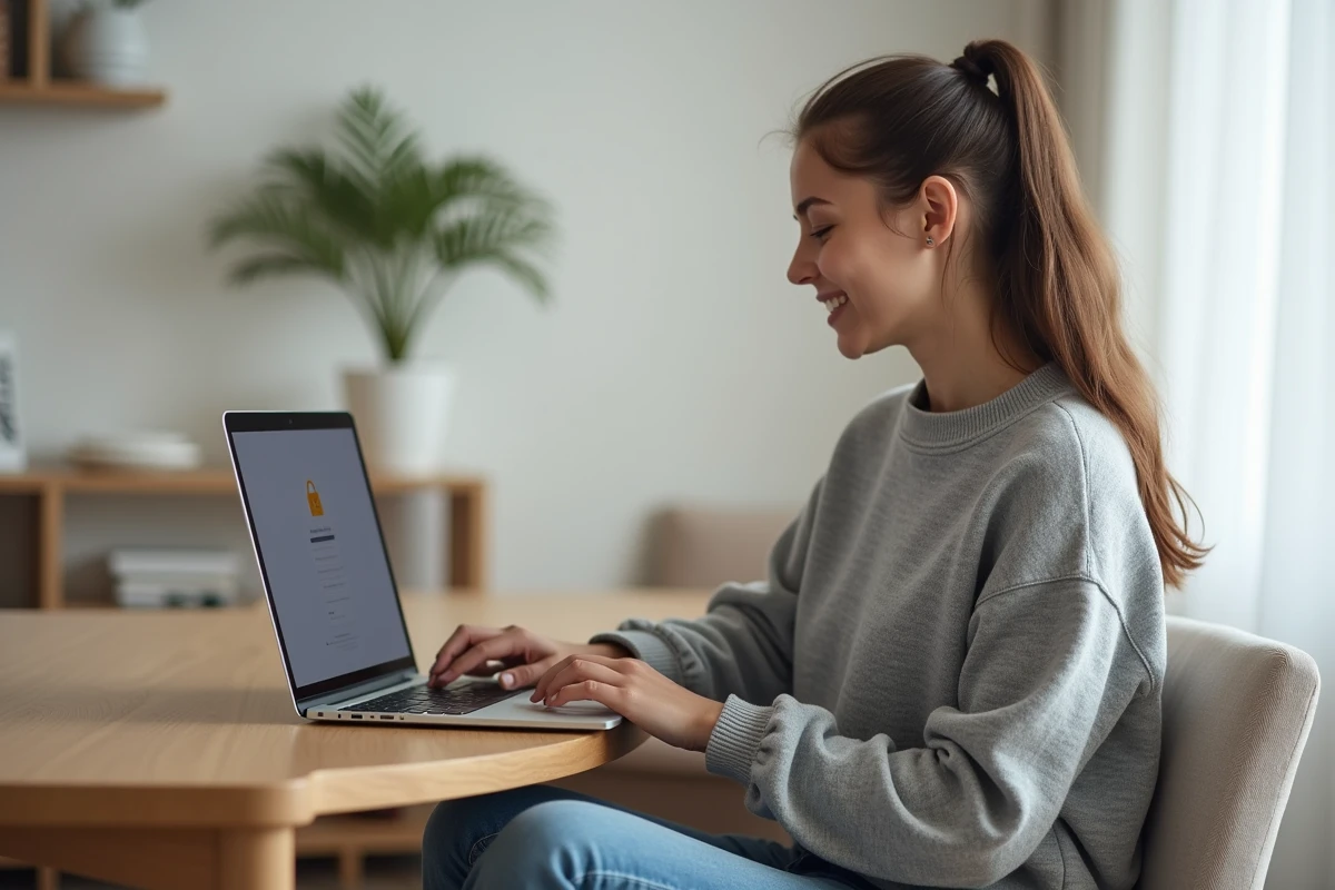 Jeune femme concentrée sur son ordinateur à la maison
