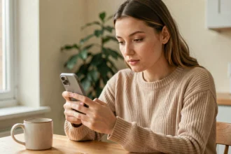 Jeune femme consultant son numéro Lebara sur son smartphone dans une cuisine moderne