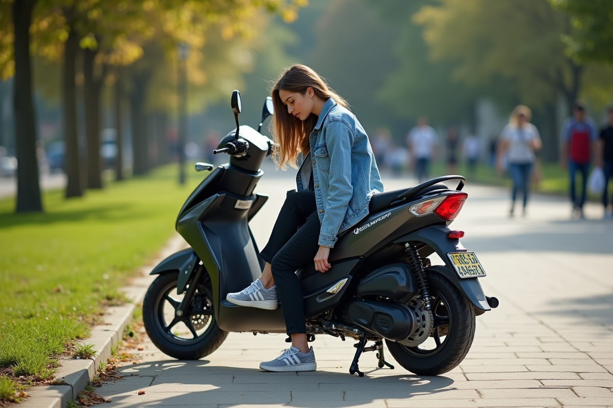 Jeune femme vérifiant pneu moto dans parc urbain