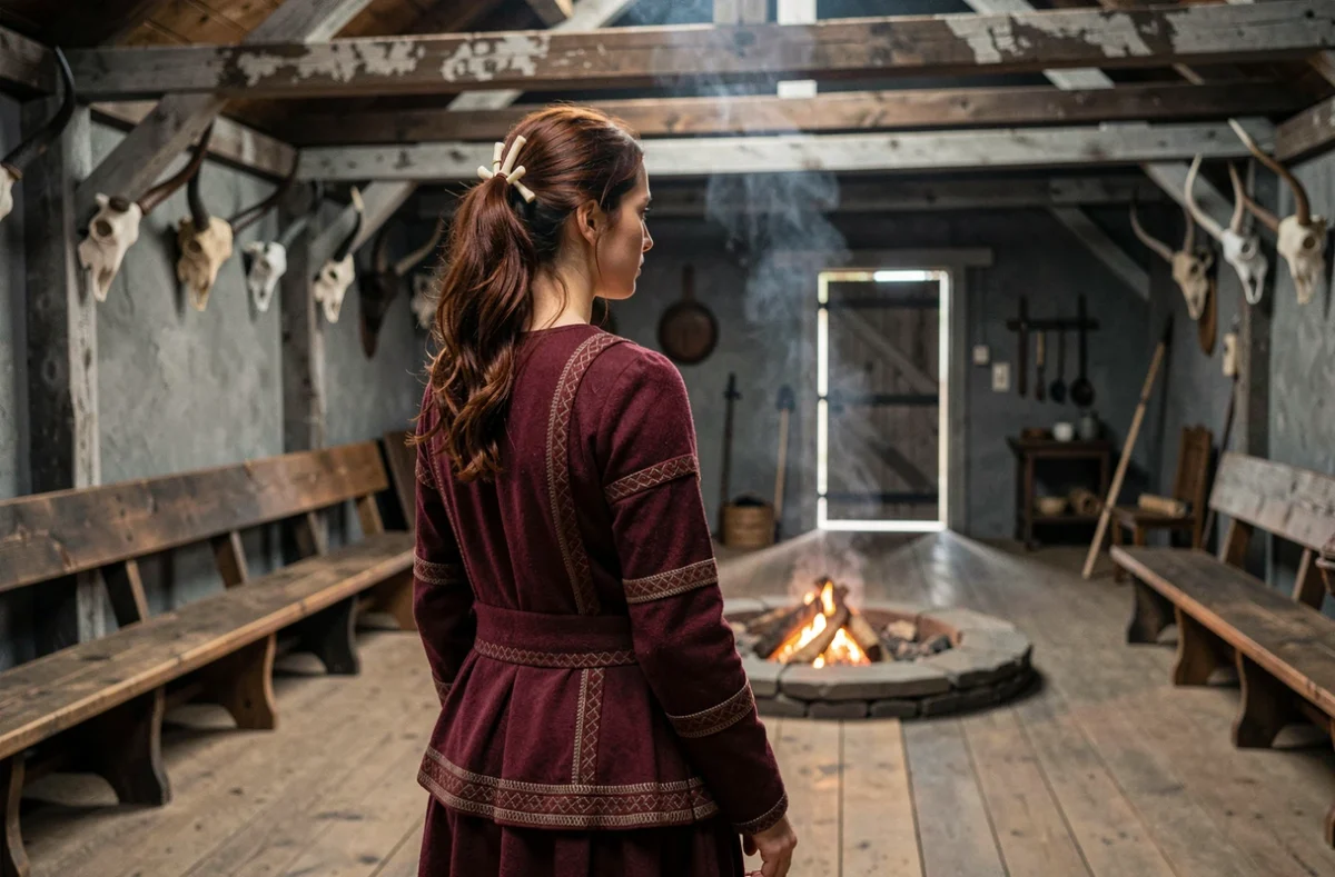 Femme viking seule dans une grande salle médiévale nordique, posture évoquant trahison et résilience dans une relation passionnelle