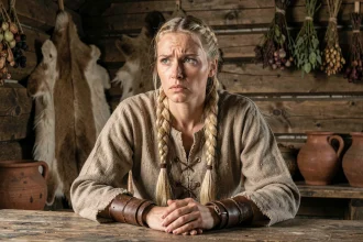 Femme viking aux tresses blondes dans un longhouse, regard tendu exprimant une relation complexe et des émotions refoulées