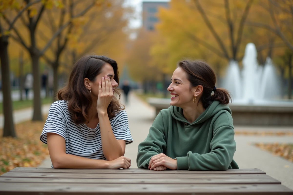 Deux femmes riant ensemble dans un parc autour d'une blague ou d'un jeu de mots, ambiance détendue et authentique