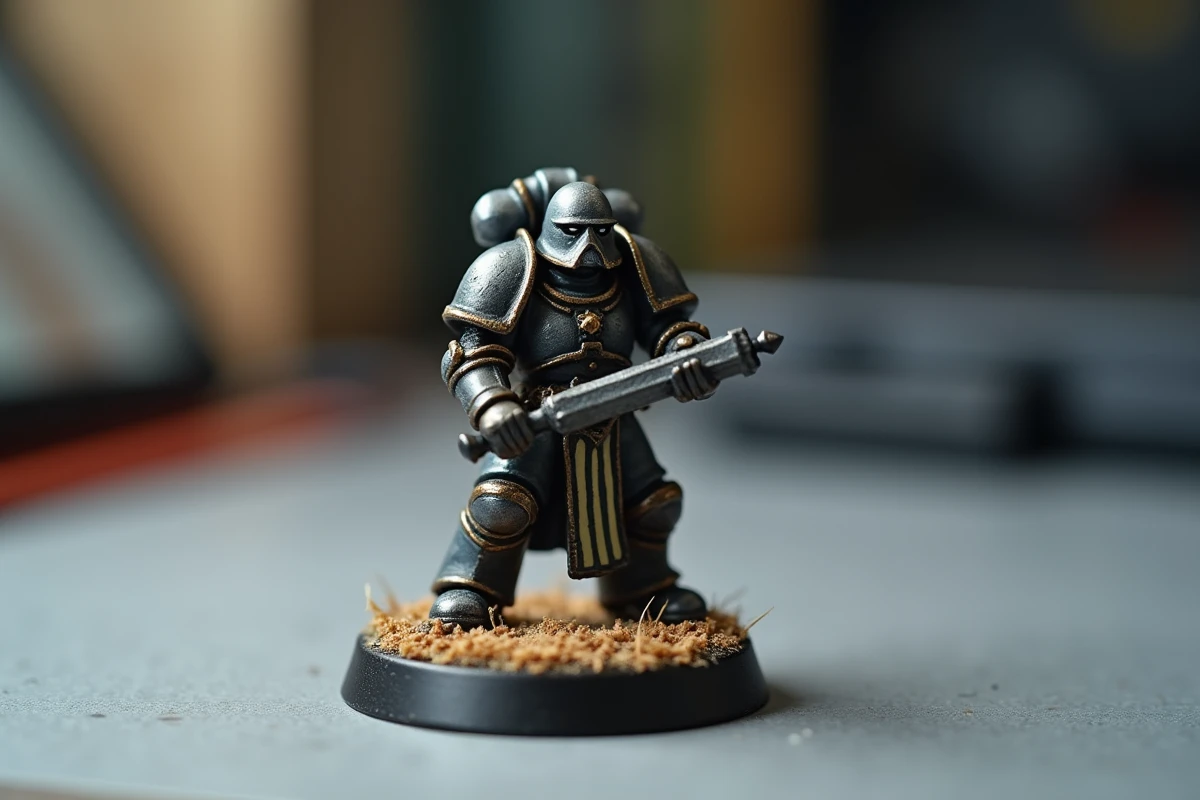 Gros plan d'une figurine Warhammer peinte au niveau tabletop sur un socle texturé, montrant les détails d'armure