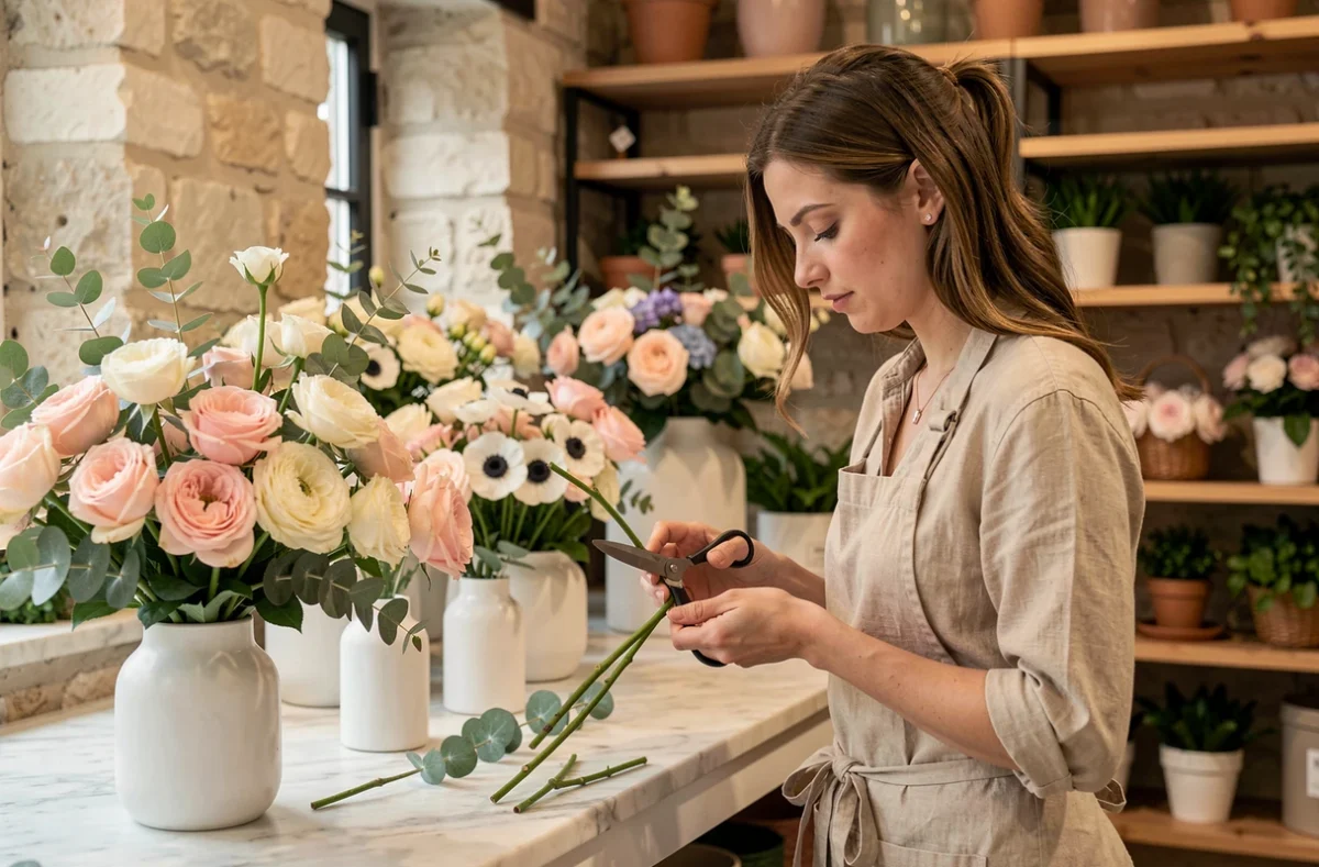 Fleuriste de Fioretti Paris arrangeant un bouquet de roses de jardin et d'anémones dans un intérieur de boutique parisien en marbre et pierre