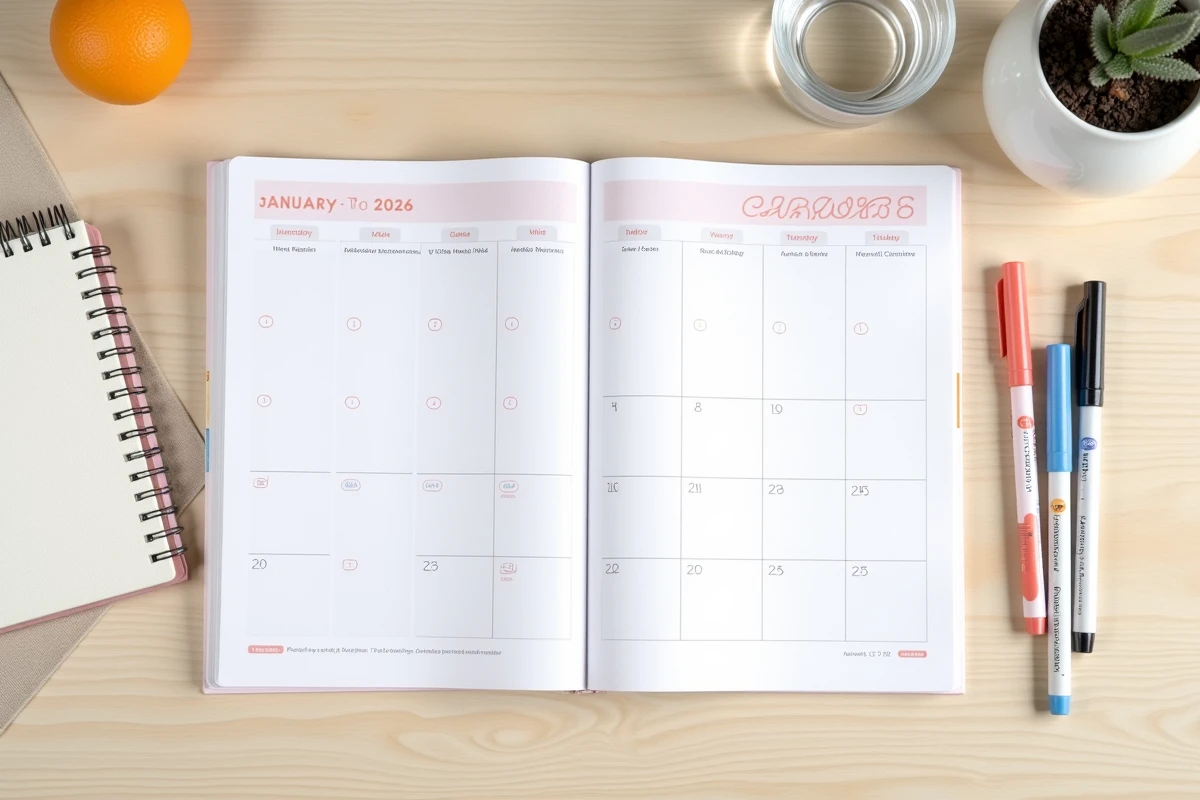 Flat-lay d'un planning mensuel 2026 à imprimer avec des marqueurs colorés sur un bureau minimaliste