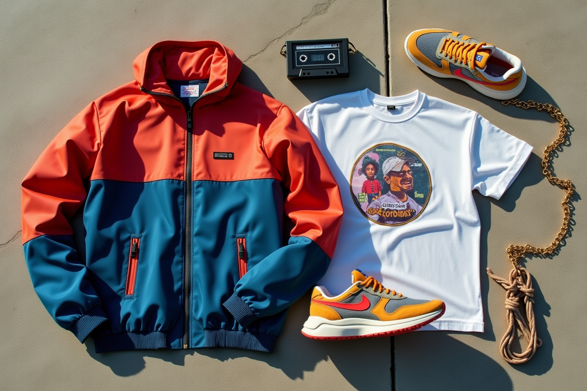 Vitrine de vêtements vintage streetwear des années 90 sur fond lumineux