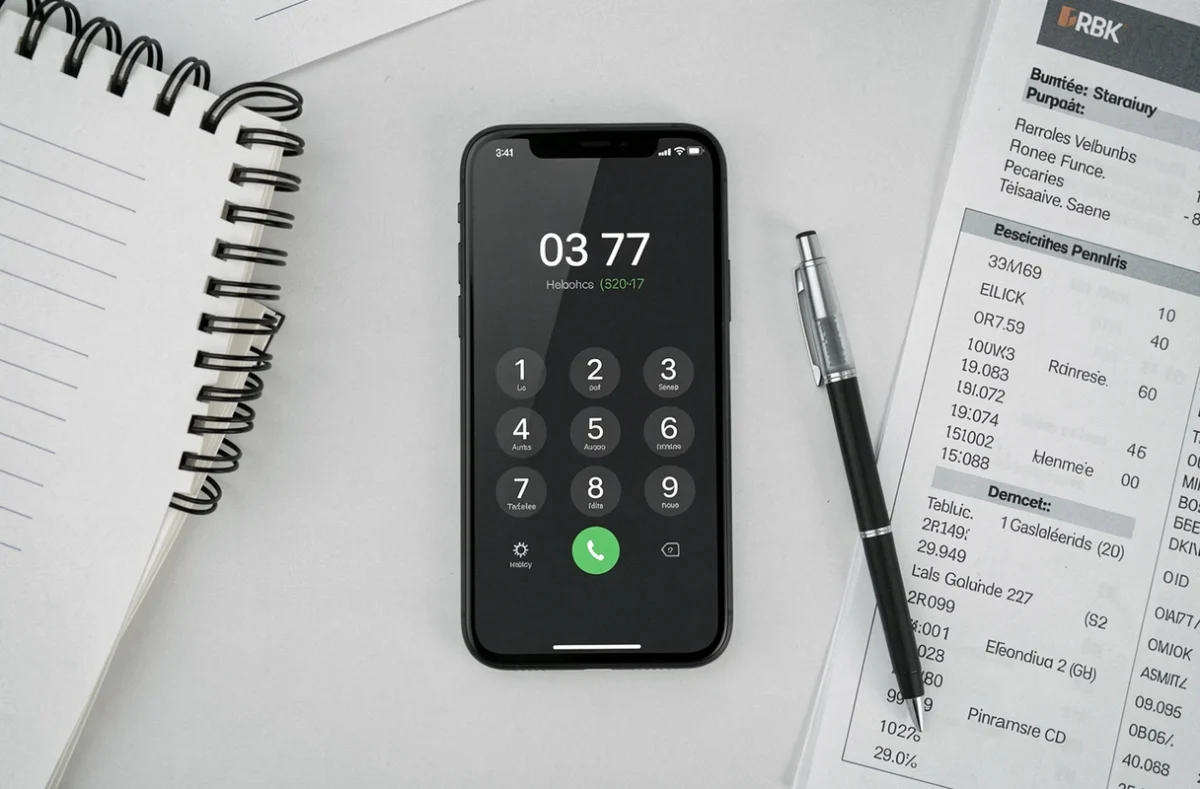 Vue du dessus d'un smartphone affichant un numéro 03 77 posé sur un bureau avec un répertoire téléphonique et un carnet