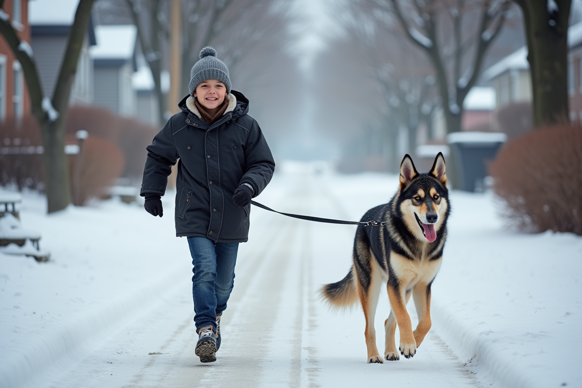 Adolescent courant avec chien husky en hiver dans la rue