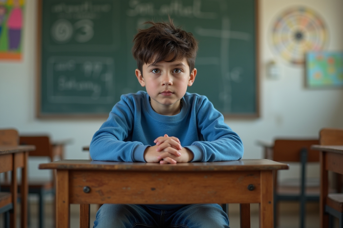 Garçon de 10 ans assis dans une classe modeste