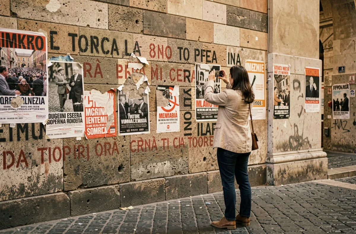 Femme photographiant un mur couvert d'affiches politiques et de graffitis antifascistes à Rome, reflet de la mémoire politique italienne contemporaine
