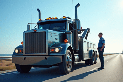 Camion de remorquage lourd moderne avec conducteur sur l'autoroute