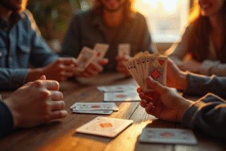 Groupe d'amis jouant aux cartes dans une ambiance chaleureuse
