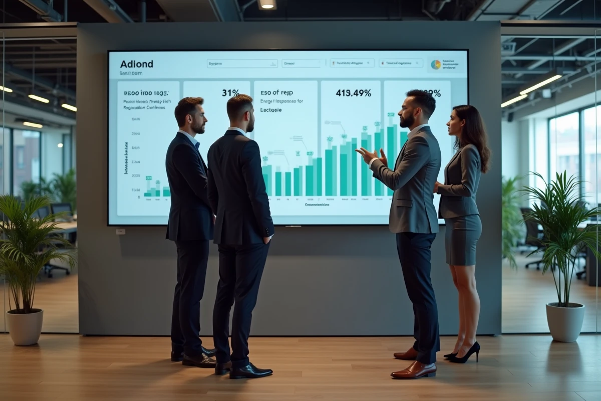 Groupe de professionnels discutant devant un tableau digital