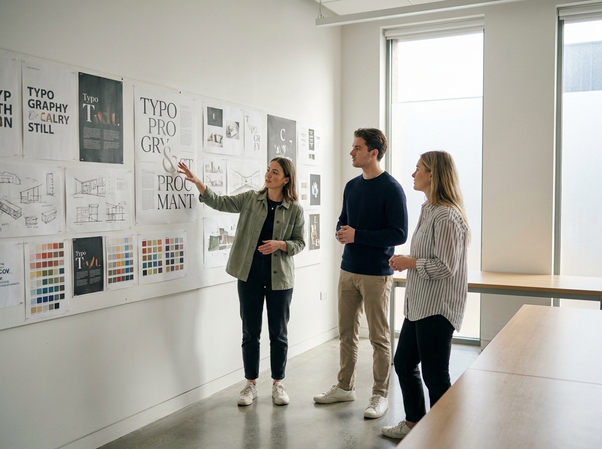 Groupe d'étudiants en année préparatoire arts appliqués lors d'une séance de critique de travaux dans une salle de design