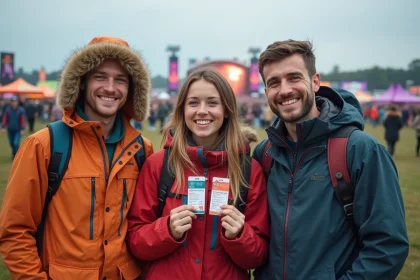 Groupe d'amis au festival avec tickets en main